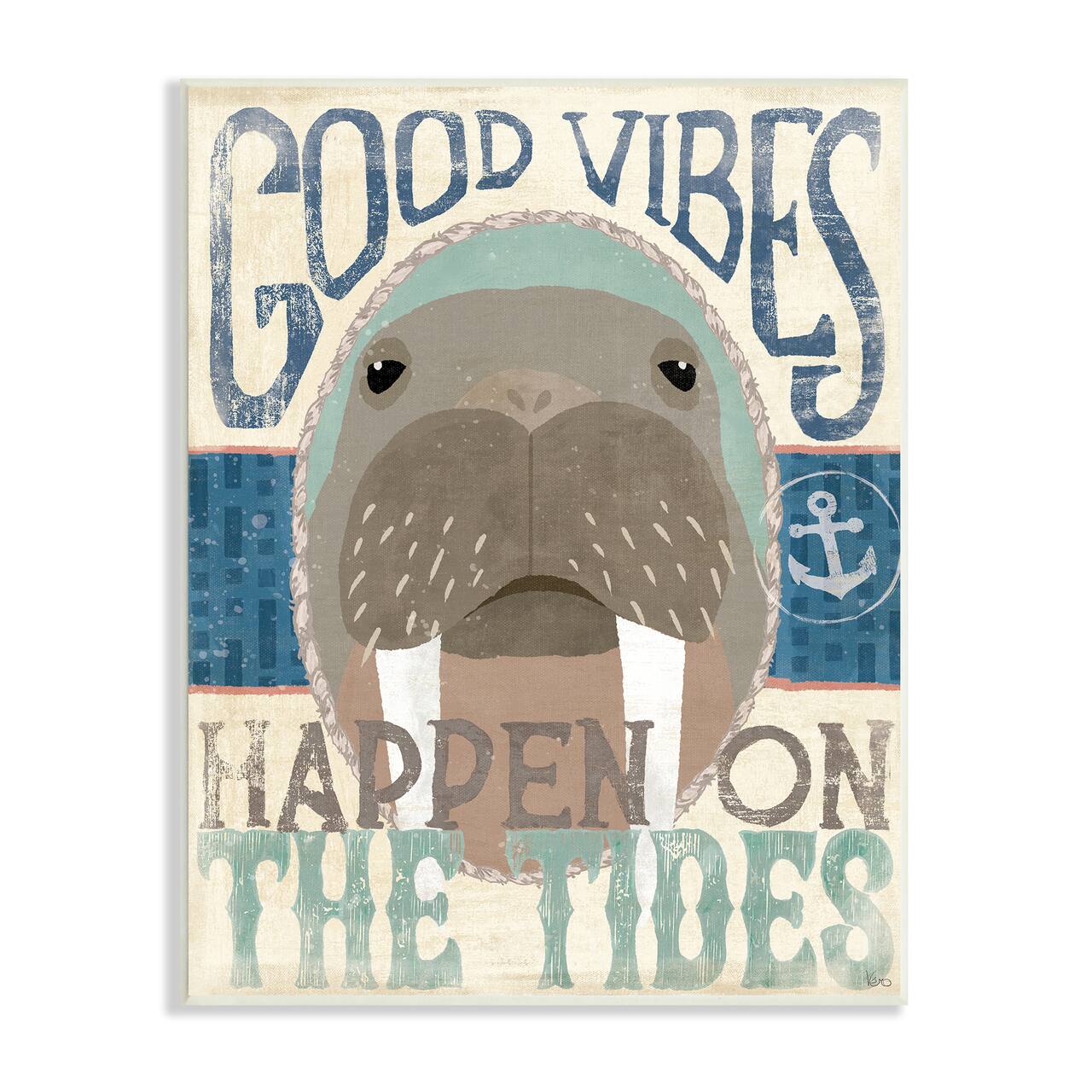 Stupell Industries Good Vibes Happen On Tides Nautical Phrase Walrus Wall Plaque